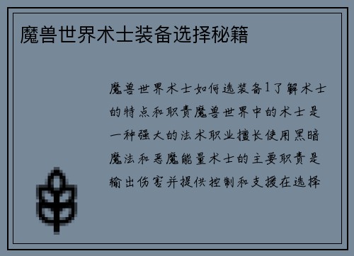 魔兽世界术士装备选择秘籍